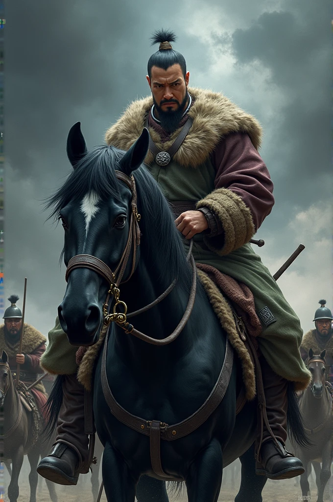 Draw me picture of Zhengis Khan he should be riding a big black horse , holding a mongolian sword and wearing nomadic warrior woolen clothes. He should be stand in the dark stormy weather with his soldiers. And don't forget his face should asian and angry