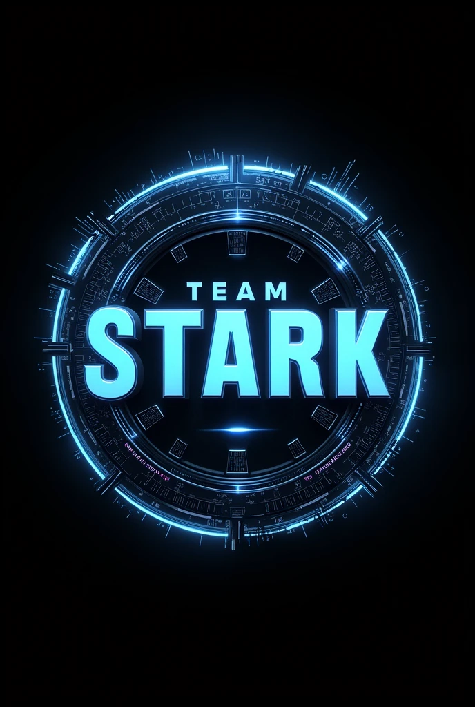 Design a logo that says "Team Stark". The design must be circular. It must be set in Ironman with decorations inspired by technology and especially mathematics. It must be black and neon blue.