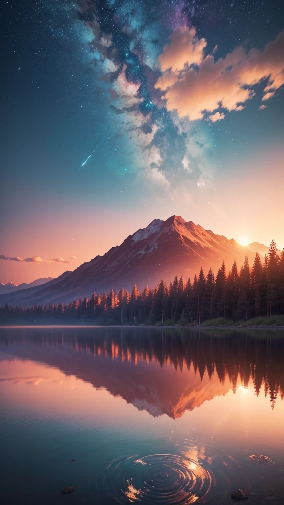 Viral anime nature wallpaper in 8K quality, in the style of photography with a 35mm lens inspired by Makoto Shinkai, capturing a breathtaking sunset over a tranquil lake, the sky painted in hues of orange and pink, with a silhouette of mountains in the background; warm and serene color temperature, cosmos lighting with stars twinkling in the sky, no human characters, the atmosphere is peaceful and reflective –v 5 –stylize 1000