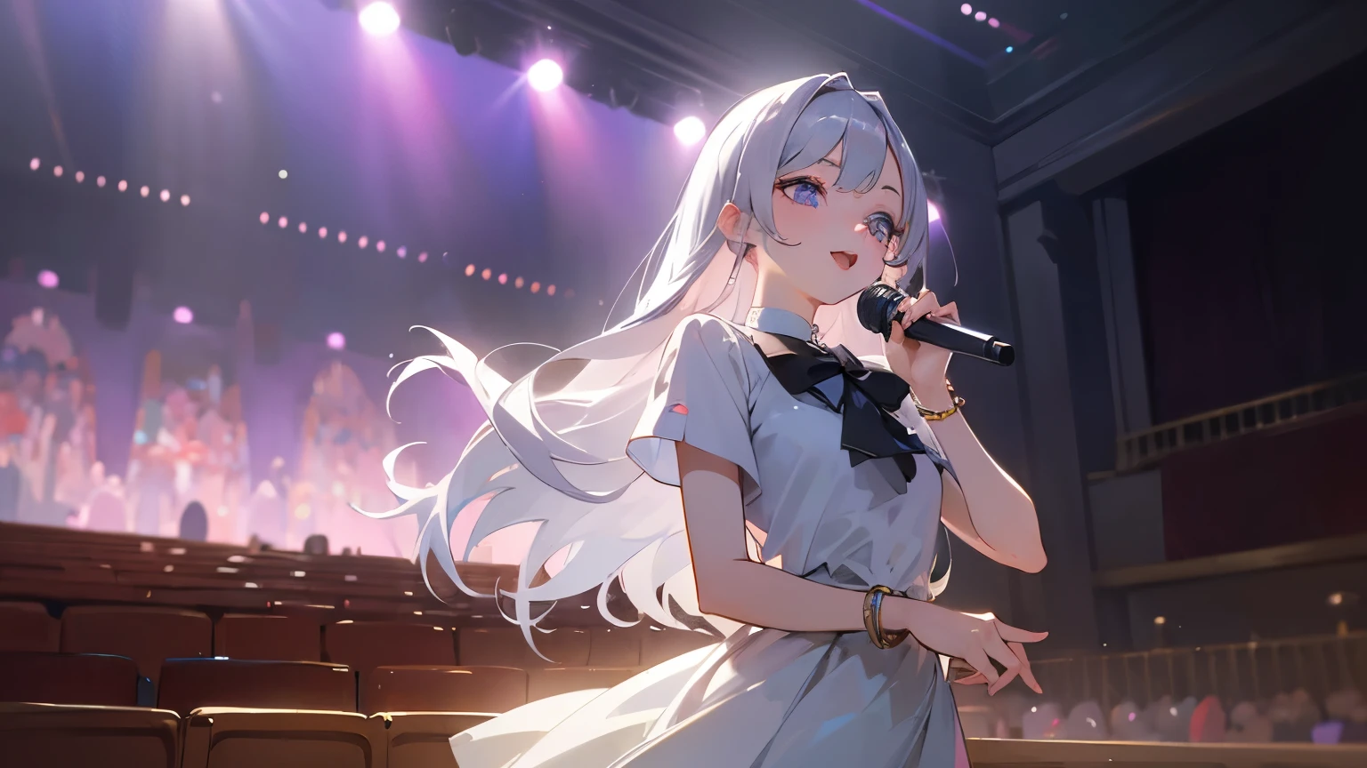 ((masterpiece)), Highest quality, (8k, Highest quality, masterpiece: 1.2), Very detailed, Inside the concert hall、1 female、platinum silver hair、Long Hair、Purple blouse shirt(Short sleeve)、White Skirt、bracelet、Pink Lips、Big eyes、Double eyelids、Beauty、Beautiful Eyes、singer、Mid-chest、stage、Spot Light、Gorgeous lighting、Sad expression、Highest quality、最高masterpiece、Extremely detailed、frontのアングル、singing、smile、cute、Eyes closed、front、Age 25、Whole body composition、shout、Mouth wide open
