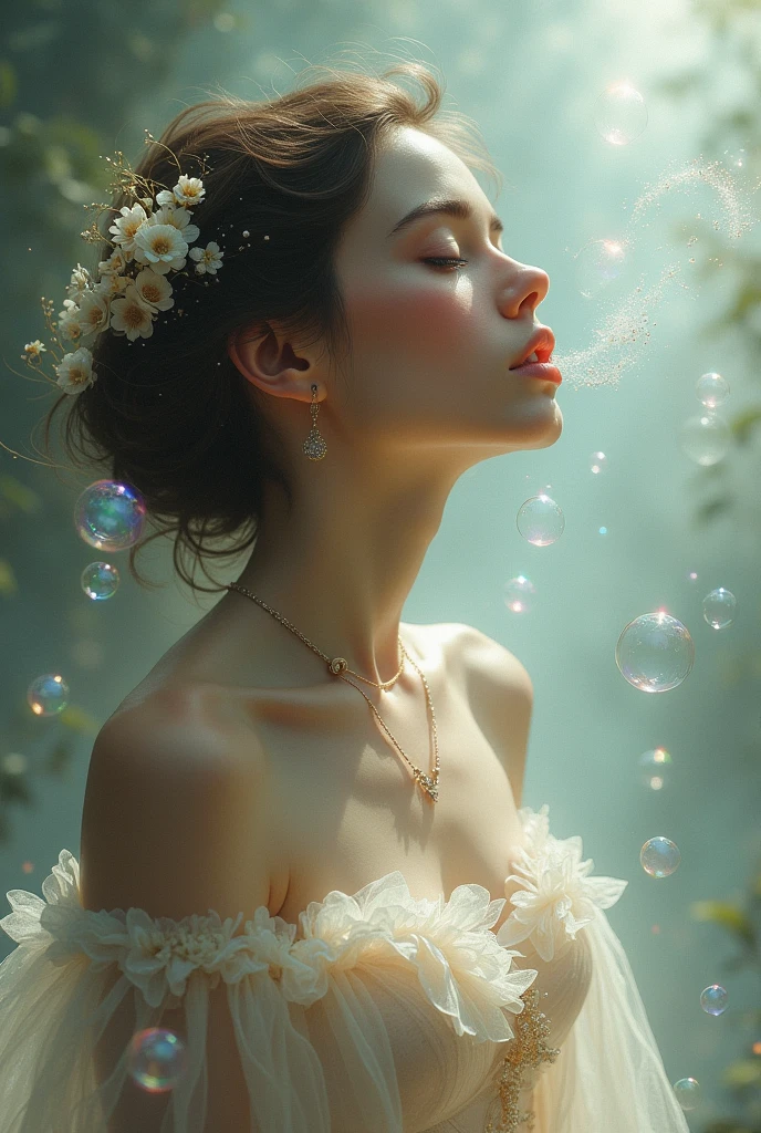 A painting，The painting shows a woman in a dress blowing bubbles, lazy and WLOP, ethereal bubbles, Mobius + lazy + WLOP, Dreamy and detailed, Complicated, Fantasy close-up and water magic, fairytale artwork, fairytale painting, Anna Dittmann (Anna Dittmann) style, WLOP Art, Realistic fantasy, Artgerm Julie Bell Beeple