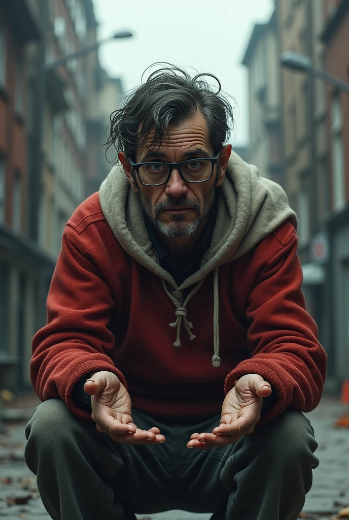 Draw a completely miserable man begging for food, His name is Sebastian, has glasses, a dirty red sweater and it's white