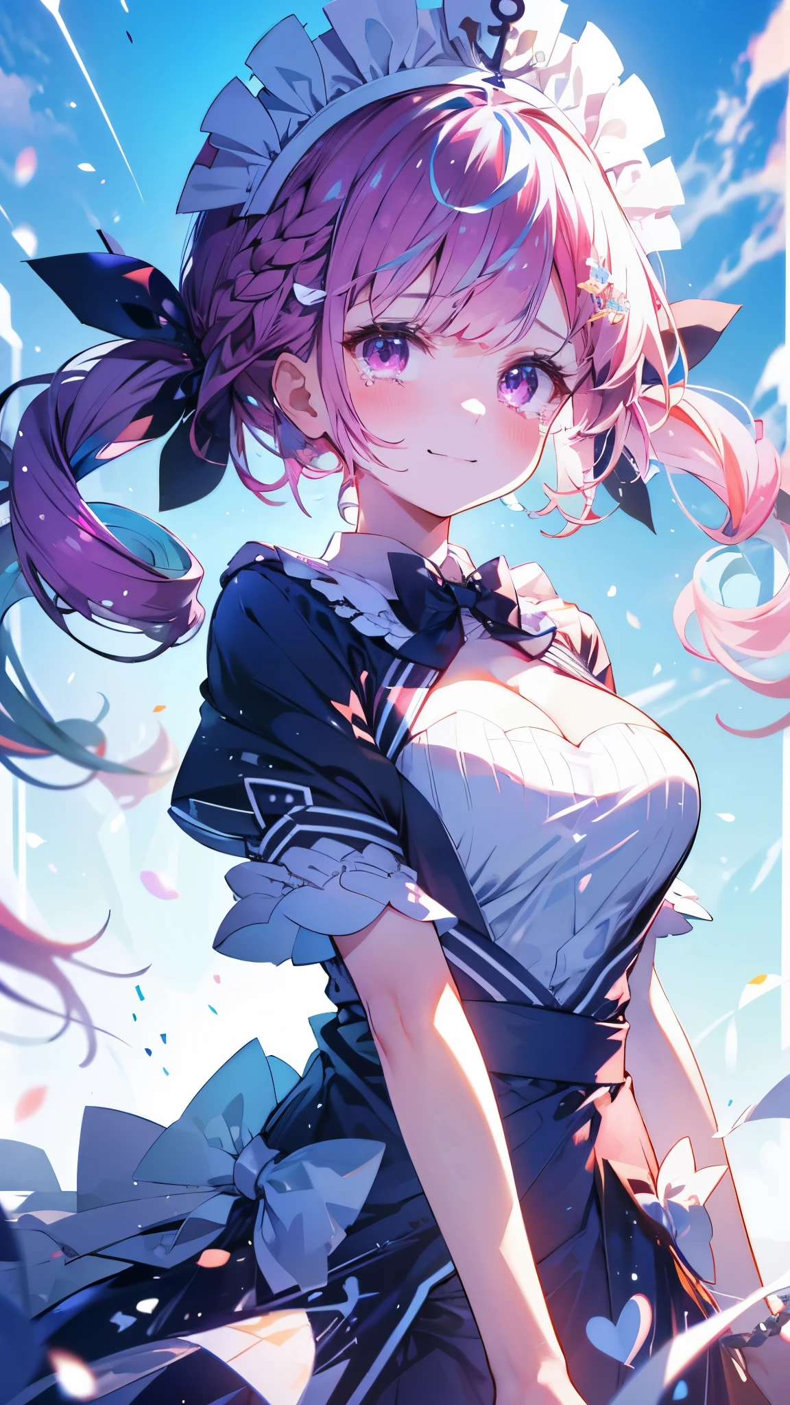 (Highest quality:1.2), (Very detailed:1.2),(masterpiece:1.2),(8k:1.2),(Blessed,Captivating body、Very beautiful eyes、Very detailed肌、Very detailed顔,Detailed Background), aaaqua, twintails, drill hair, maid headdress, cleavage, short sleeves, wrist cuffs, (summer background,Blue Sky background:1.3), (Sad smile:1.5),(tears)、Gentle smile、farewell、graduation