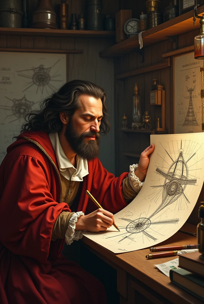 Leonardo da Vinci in his cozy workshop, happily sketching a flying machine with big bird-like wings, surrounded by his fun drawings and inventions.