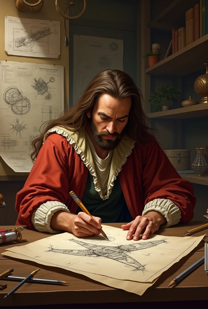 Leonardo da Vinci in his cozy workshop, happily sketching a flying machine with big bird-like wings, surrounded by his fun drawings and inventions.