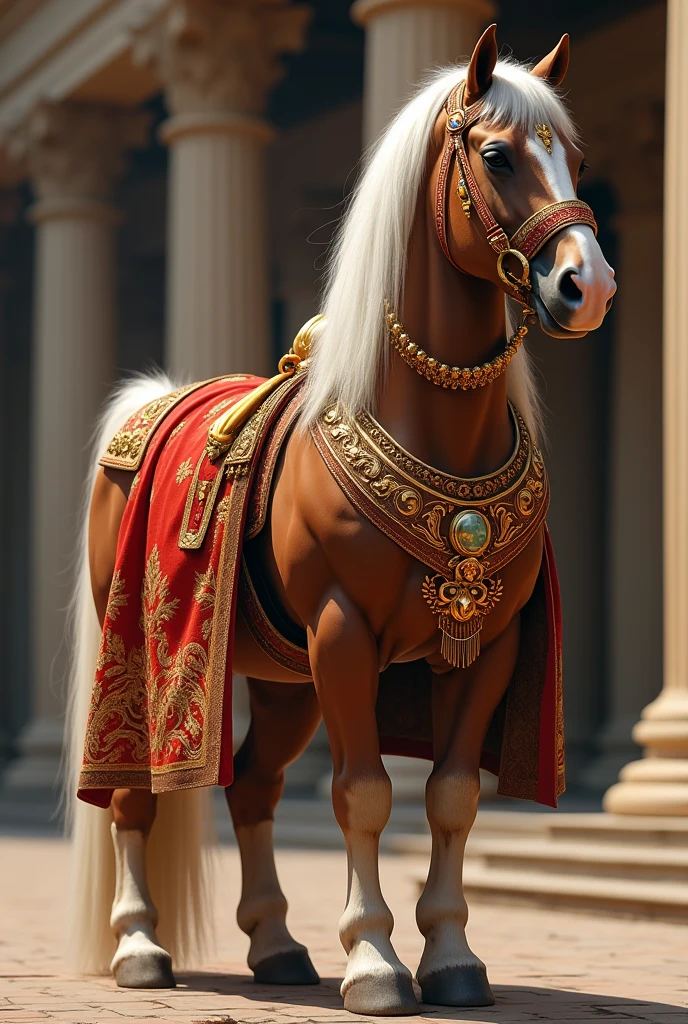 A horse wearing roman noble clothes