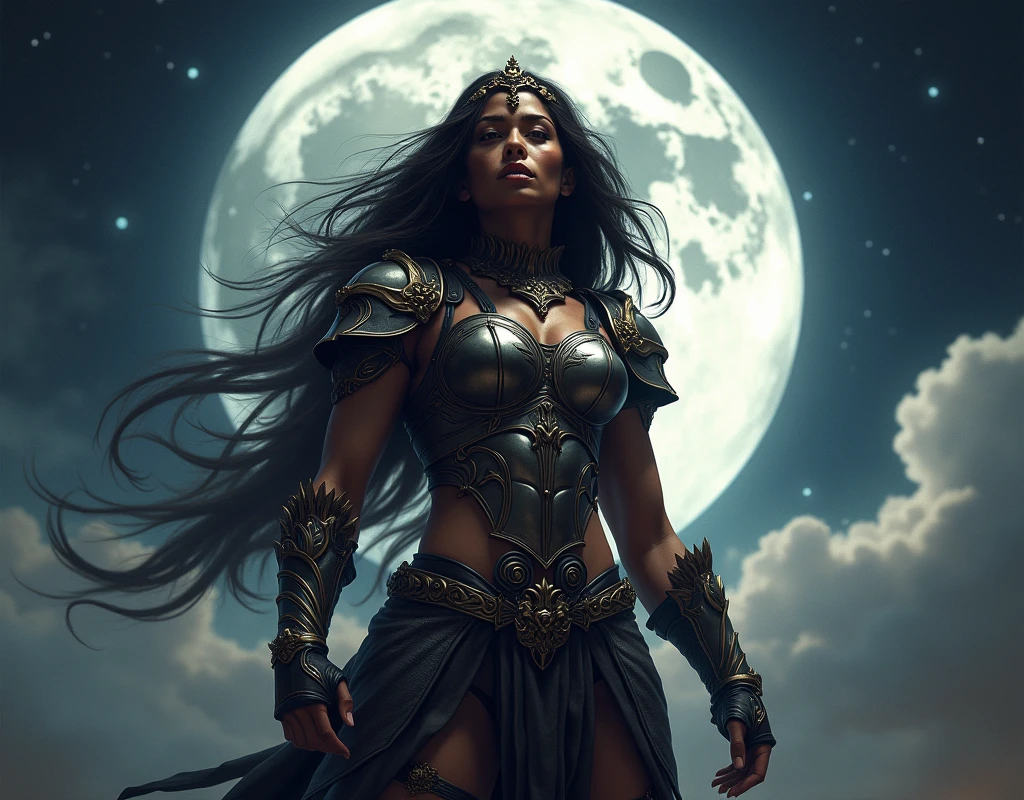 Artistic Style: Fantastic ultra-UHD, high-contrast realism with dramatic lighting and intricate details. The image must have the signature "AQ" in the lower right corner. Quick Details: - A fierce, powerful and colorful warrior, Tina Turner, stands out in the foreground, her muscular physique highlighted by the moonlight. - Wears detailed Mad Max armor with circular designs, shoulder pads and armbands. Their armor is intricately engraved, reflecting their status and strength. - Her face is framed by long, dark hair that moves with the wind, adding a sense of dynamic energy to the scene. - His expression is intense and determined, with penetrating eyes that convey a feeling of resolution and bravery. - A tiara or headdress adorns her forehead, further emphasizing her regal and formidable presence. - The background features a large full moon that illuminates the night sky, casting dramatic shadows and highlighting the textures of the clouds. - The night sky is full of stars, adding depth and a sense of the vastness of the universe to the scene. - Subtle details include the texture of his skin, the fine engravings on his armor, and the interplay of light and shadow on his form. - The overall composition captures a blend of strength and beauty, creating a powerful and evocative image that highlights the warrior's dominance and elegance