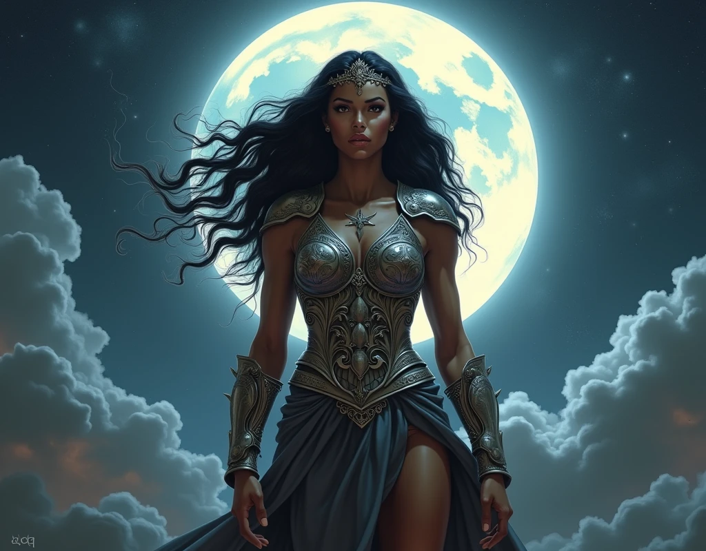 Artistic Style: Fantastic ultra-UHD, high-contrast realism with dramatic lighting and intricate details. The image must have the signature "AQ" in the lower right corner. Quick Details: - A fierce, powerful and colorful warrior, Tina Turner, stands out in the foreground, her muscular physique highlighted by the moonlight. - Wears detailed Mad Max armor with circular designs, shoulder pads and armbands. Their armor is intricately engraved, reflecting their status and strength. - Her face is framed by long, dark hair that moves with the wind, adding a sense of dynamic energy to the scene. - His expression is intense and determined, with penetrating eyes that convey a feeling of resolution and bravery. - A tiara or headdress adorns her forehead, further emphasizing her regal and formidable presence. - The background features a large full moon that illuminates the night sky, casting dramatic shadows and highlighting the textures of the clouds. - The night sky is full of stars, adding depth and a sense of the vastness of the universe to the scene. - Subtle details include the texture of his skin, the fine engravings on his armor, and the interplay of light and shadow on his form. - The overall composition captures a blend of strength and beauty, creating a powerful and evocative image that highlights the warrior's dominance and elegance