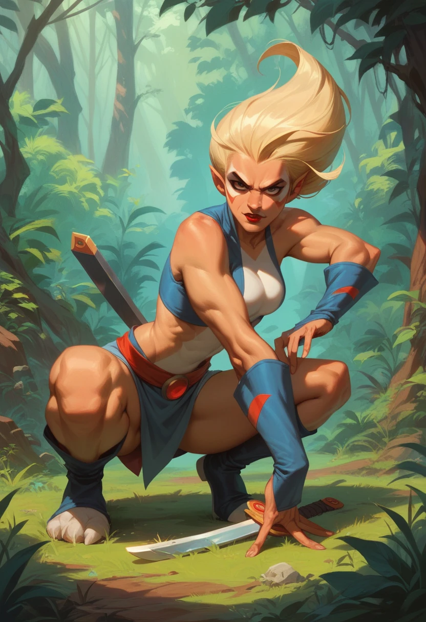 cheetarahot, red lips, Blonde, squat, in a forest, dynamic pose, holding the sword of omen from Thundercats