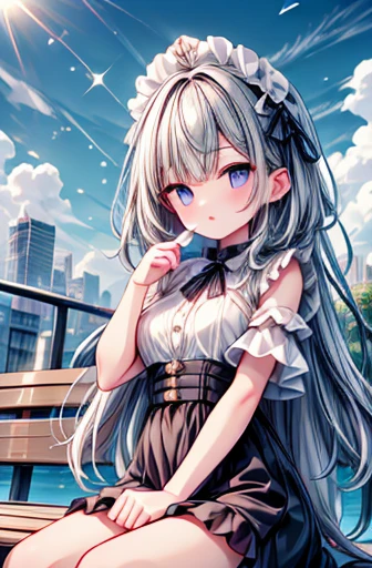 2 girls, sitting on a park bench, Sit down and eat ice cream, とてもlol顔, Open your mouth, close ~ eye, lol, noon, Bright sky, masterpiece, 超High resolutionと鮮やかな色彩にこだわった, Very detailed, Attention to detail, Highest quality, 8k, 16K, Exquisite detail, A style that combines romanticism and realism, High resolution, Perfect Anatomy, Blur the background, Bokeh
