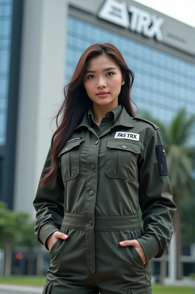 A army female commando wearing airforce uniform standing ponytail hairstyle