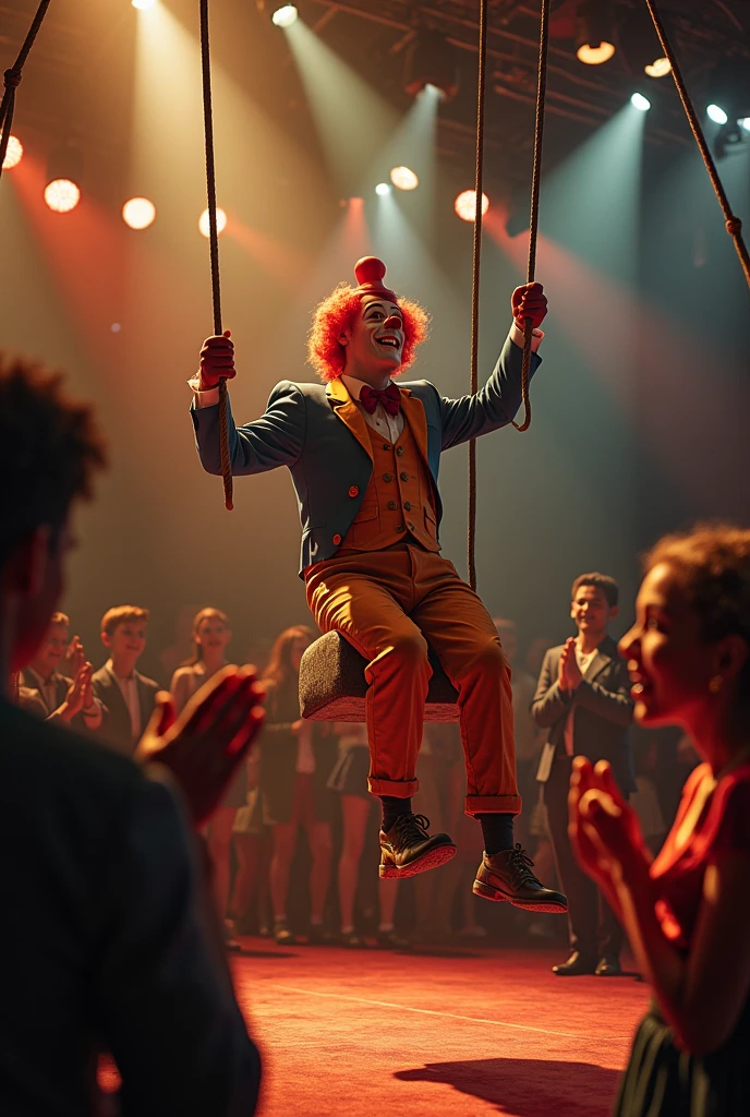 Circus and entertainment, Circus Swing, clown show, Thank you and be happy, People applaud, Inside the circus,clown show, best quality, artwork, very aesthetic, Perfect composition, Intricate details, Extremely detailed