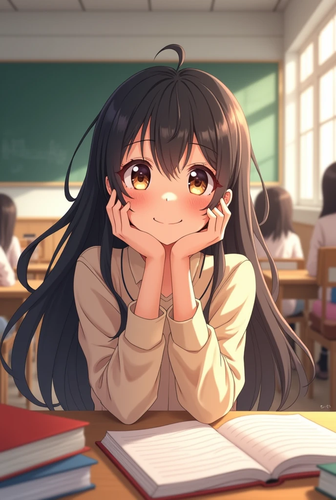 Follow Us, food yuuki, (brown eyes:1.7), brown hair, hair ornaments, hair Scrunchie, long hair, pink Scrunchie, Scrunchie, (flat chest:1.2),smile,blush,
break green スカート, plaid, plaid スカート, sainan high school uniform, school uniform, pleated skirt, shirt, white shirt, sweater vest, (yellow sweater vest:1.5),black pantyhose,brown loafers,legs sitting on a chair,There is a textbook on the desk,morning日,morning,
break looking at viewer peeping from above, whole body,(cowboy shot:1. 5)
break indoors, classroom,
break (masterpiece:1.2), highest quality, High resolution, unity 8k wallpaper, (figure:0.8), (detailed and beautiful eyes:1.6), highly detailed face, perfect lighting, Very detailed CG, (perfect hands, perfect anatomy),