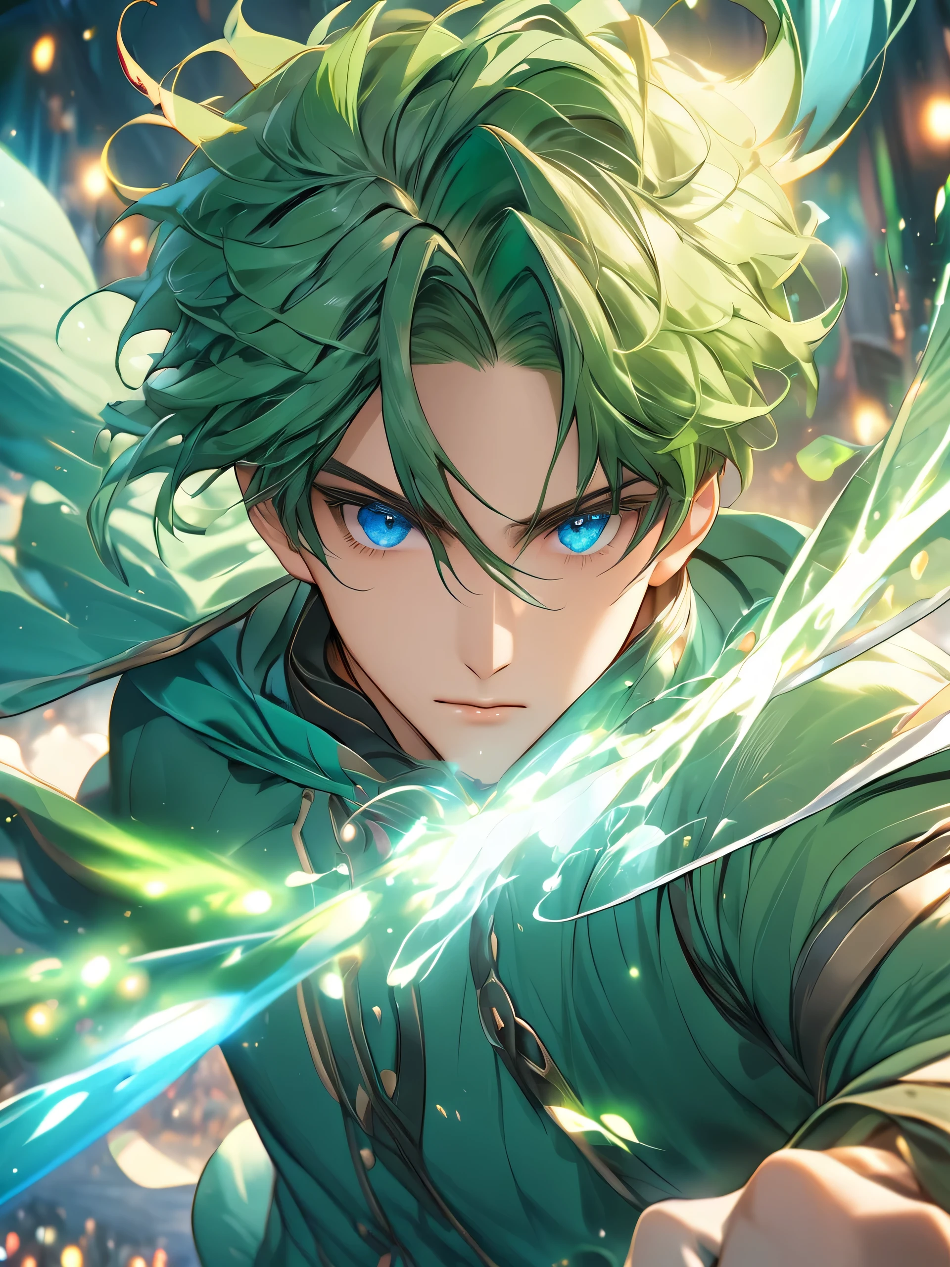 1boy, green hair, blue eyes, green outfit, fighting looks, looking at viewers, dreamy lights,face focus, very detailed, uhd, high quality, 8K