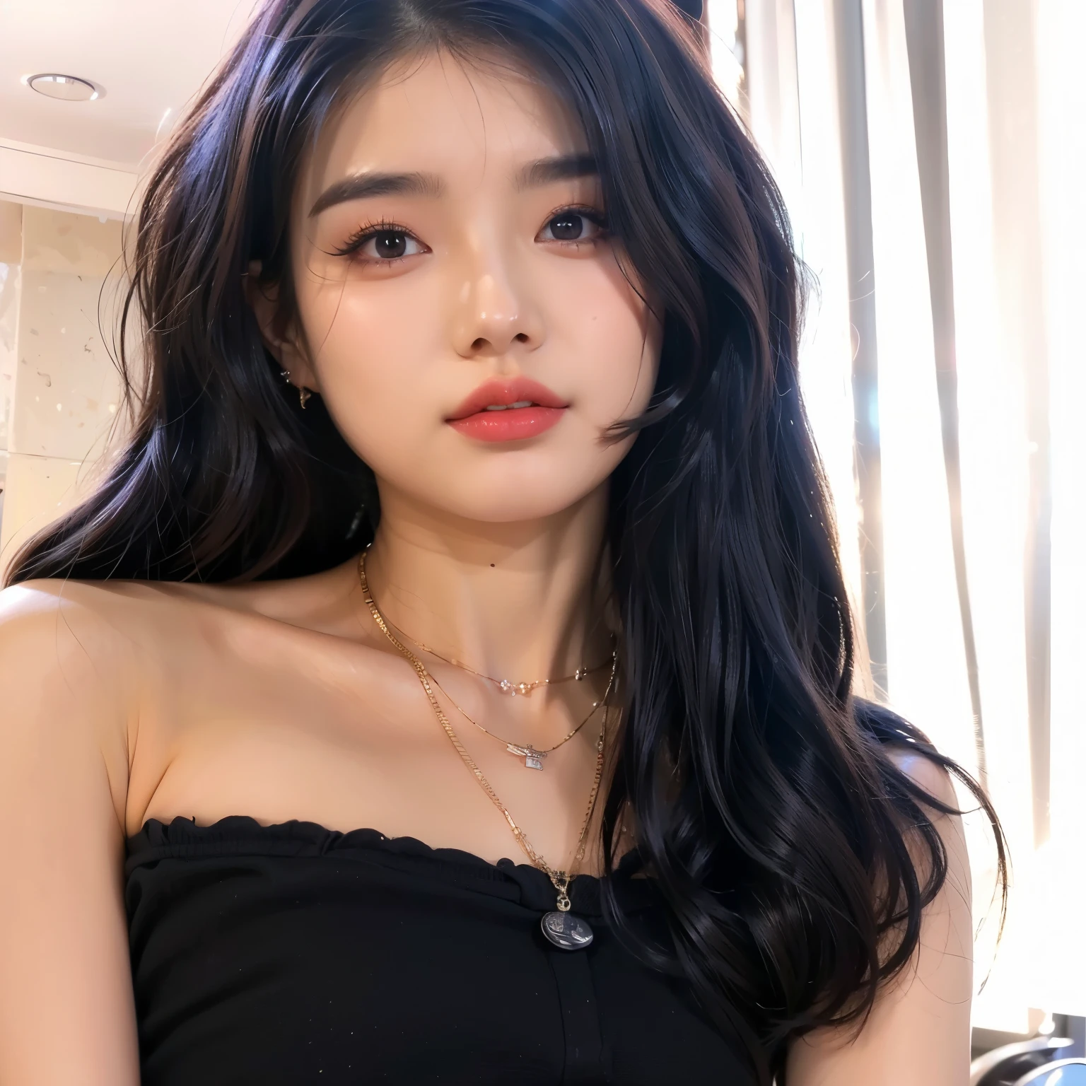Close up of a woman with long black hair wearing a black dress, Best Face, korean girl, Stunning young Korean woman, beautiful korean girl, Beautiful young Korean woman, Cute and lovely Korean face, Jinyoung Shin, Brutal Korean Goth Girl, young cute white asian face, beautiful asian girl, Young and lovely Korean face, Jaeyeon Nam, Popular Korean Makeup , IU Lee Ji Eun , IU Face