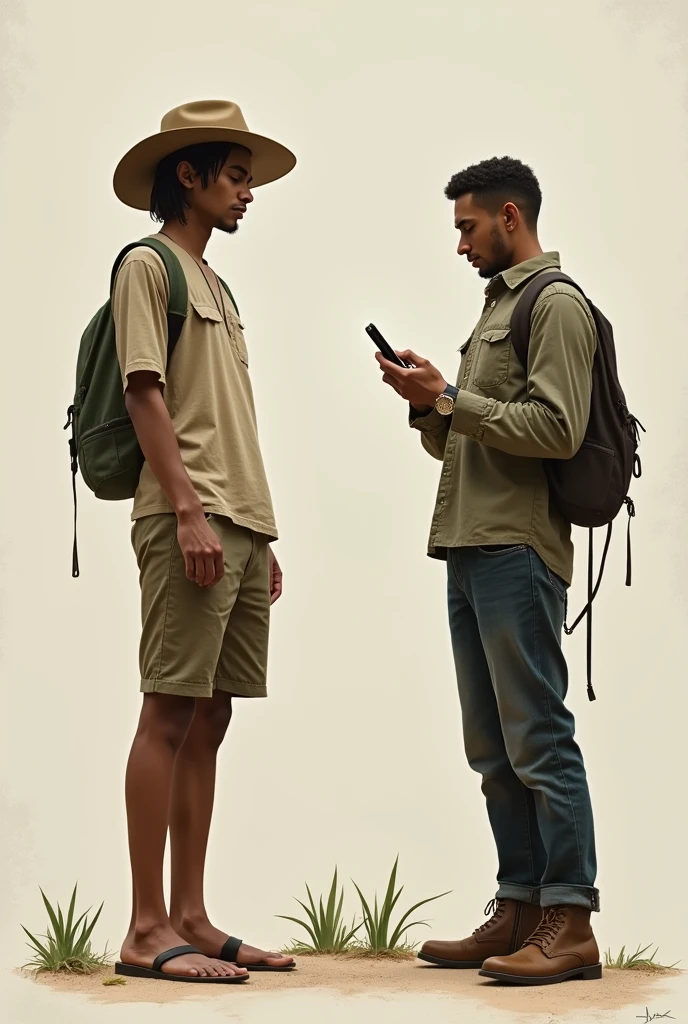 On one side sustainable consumption and on the other a critique of absolence, a sustainable person and another in excessive consumption with smartphone and luxury brand clothes with a social critique