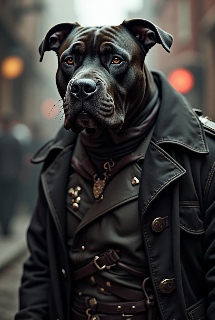 Black aggressive pitbull in old British clothes 