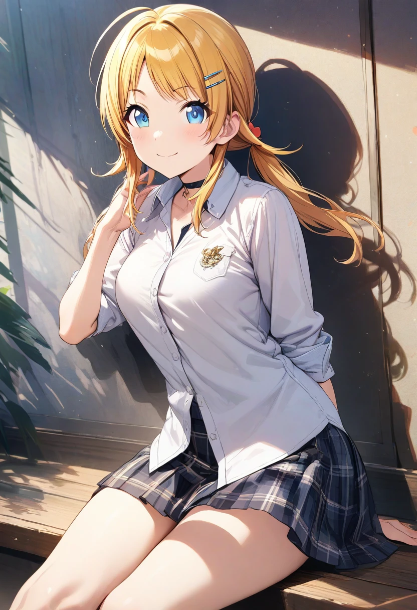 (masterpiece), (best quality), (ultra-detailed), (best illustration), (best shadow), (absurdres), (detailed background), (very aesthetic), meguru hachimiya, 1girl, blonde hair, skirt, solo, blue eyes, hair ornament, smile, plaid, breasts, twintails, plaid skirt, hairclip, looking at viewer, shirt, long hair