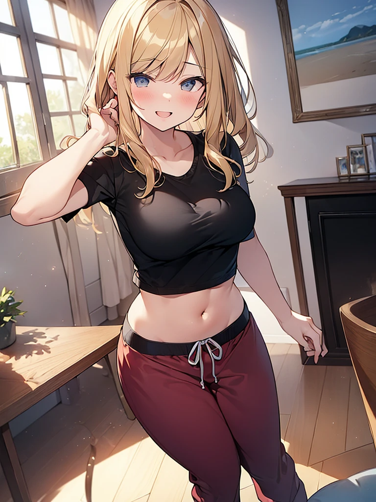 (Masterpiece, Top quality:1.5), full body, (1 beautiful girl, solo:1.2), (short height:1.2), (Lounge  pants:1.3), Blonde hair:1.1, medium Hair, wavy Hair, asymmetry bangs, swept bangs, airy hair, large breasts:1.2, smile:1.3, blush, beautiful scene of living room, magnificent panorama view, blurry background, open mouth, dynamic pose, dynamic angle