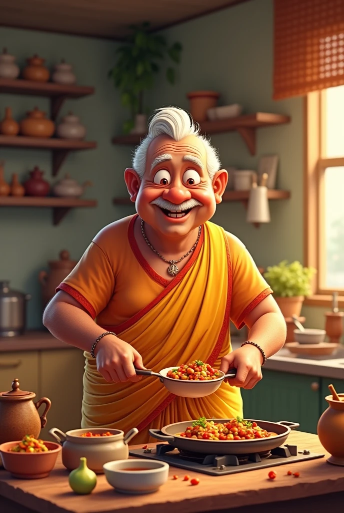 Animated Fat grandpa in kitchen making food in Veshti Sattai
