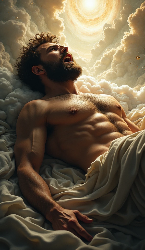 "Hercules' death, depicted as a dramatic and solemn scene with a celestial and divine backdrop, illustrating his transition from mortal to god, hyper-realistic, photo realism, cinematography -- ar 9:16."