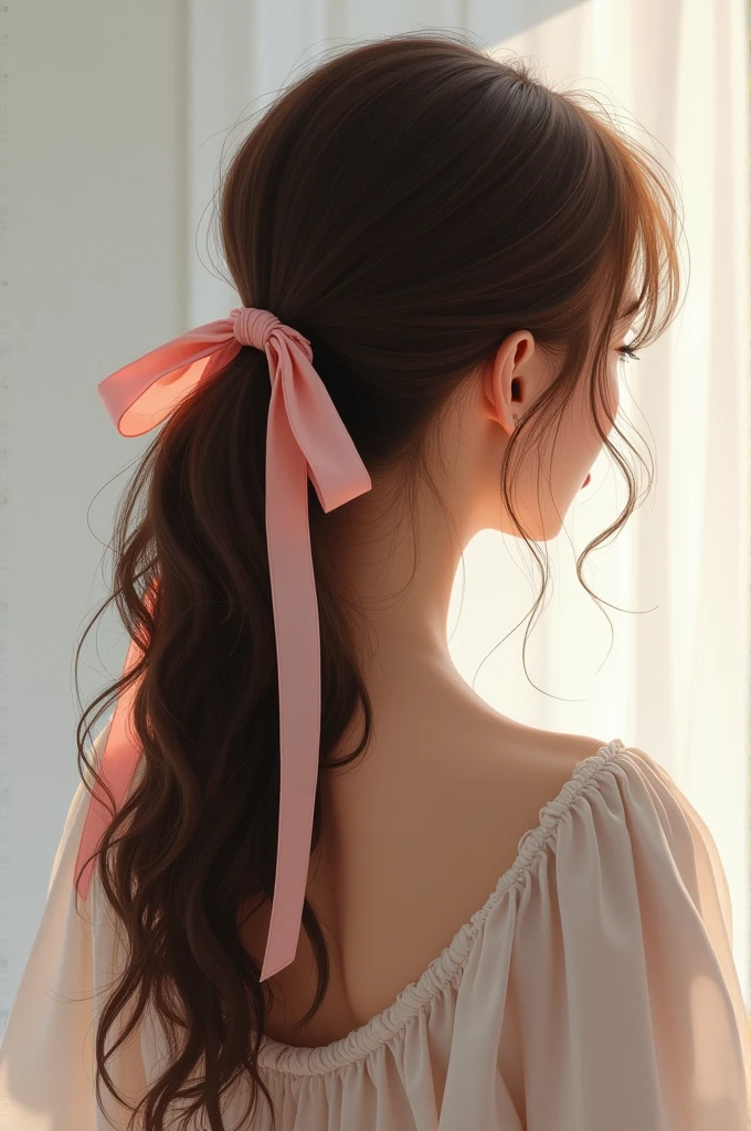 Woman with ponytail and ribbon as holder depictured from back