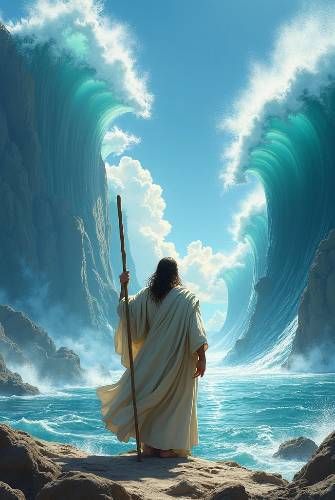 I want an epic image of the Red Sea opening before Moses with his staff