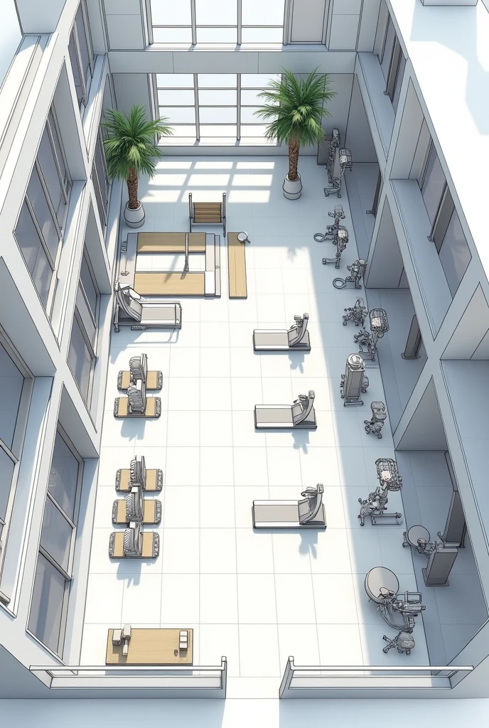 Architectural plan of a gymnasium, with treadmill, dumbbells, bicycle,