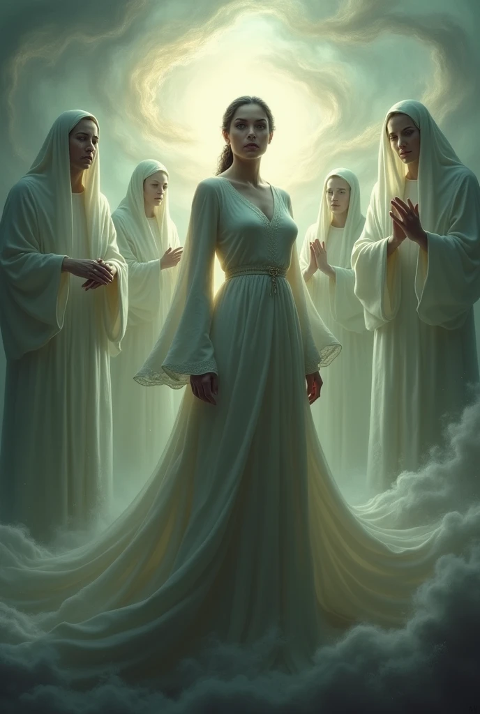 Woman and ancestors behind