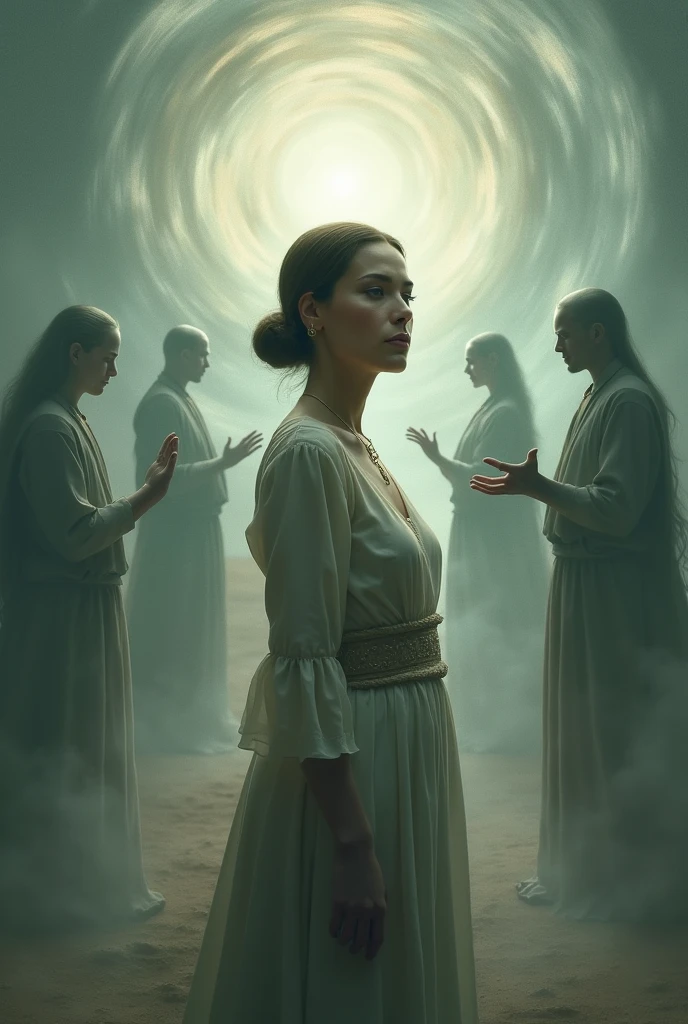 Woman and ancestors behind