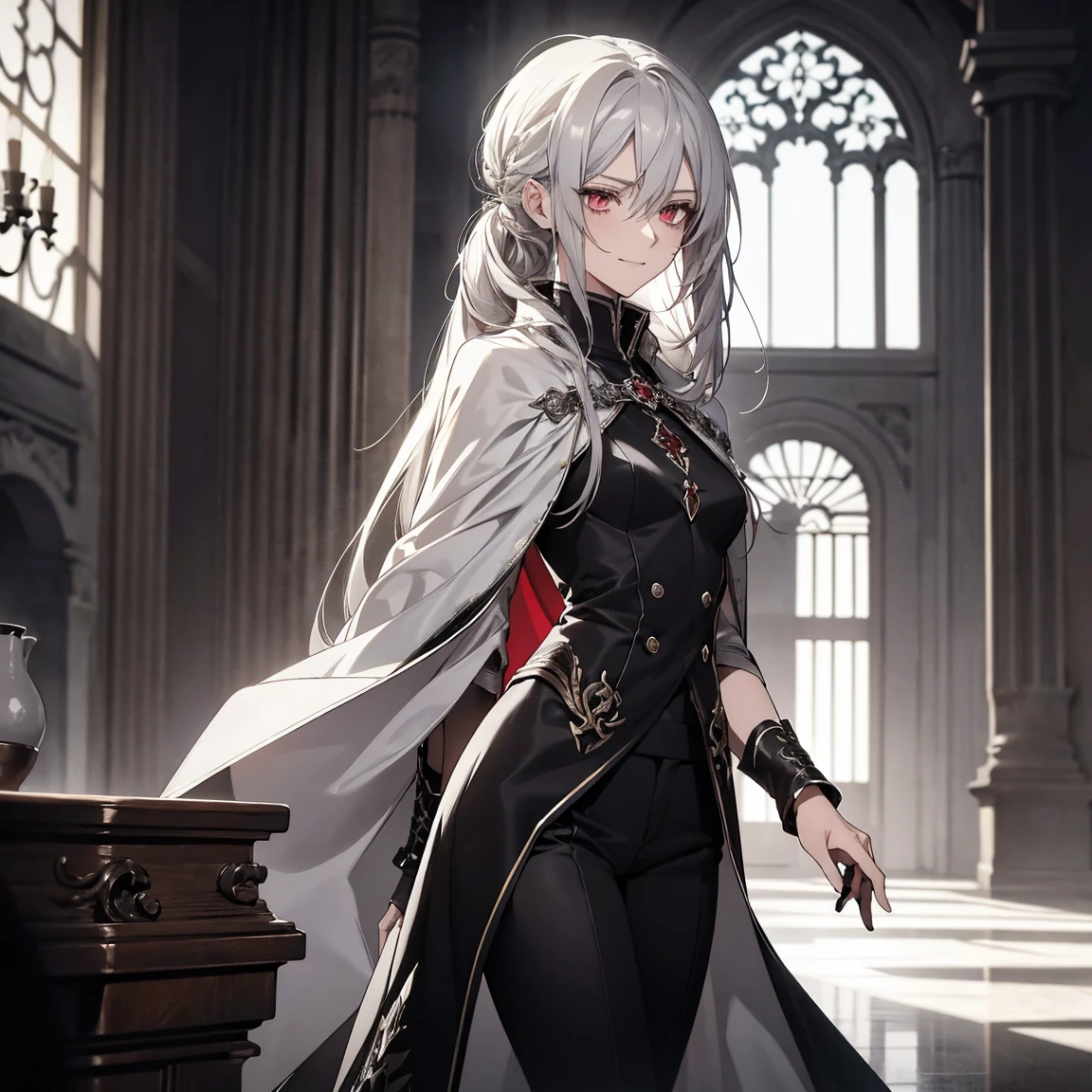 (Confused, High resolution, Very detailed), 1 female, Silver Hair,Long Hair,Knot,Hair tied at the nape,Low Tail,Crimson Eyes,Black and white clothes,27th generation,beauty,mature,thin,quiet,Small smile,Cape,Slender and thin,boots,skinny pants,lobby,Small breasts,
