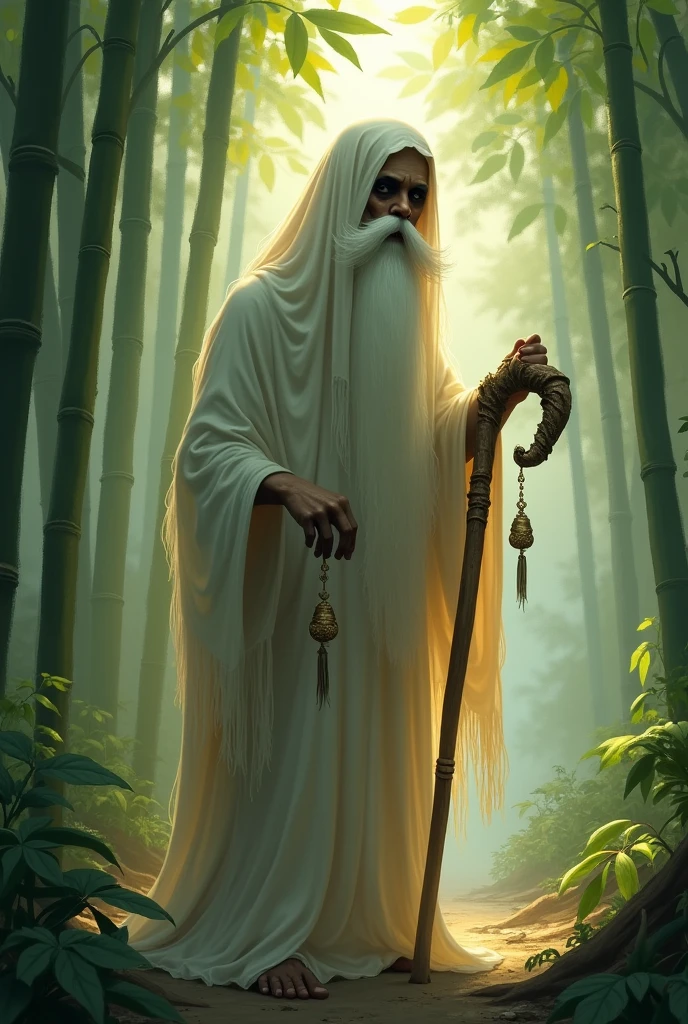 A non-scary Thai hermit ghost with a long mustache and a cane.