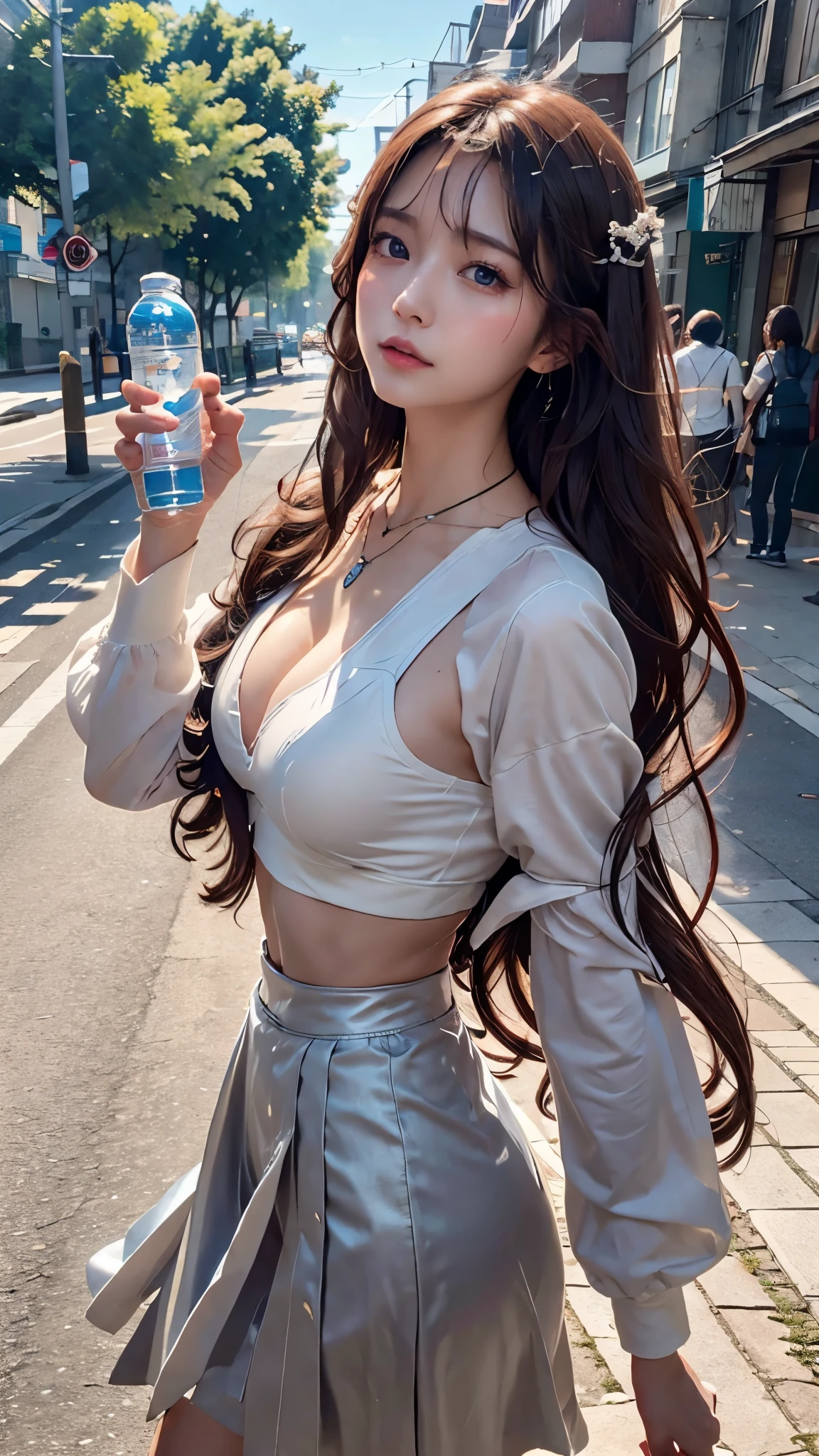 source_real,realistic,photorealistic,(best quality, official art, very aesthetic:1) BREAK
japanese woman,long hair,necklace,sukebura,bra visible through clothes,white shirt,pencil skirt,in street,from side,looking at viewer,holding water bottle,naughty_face,sweatdrop,