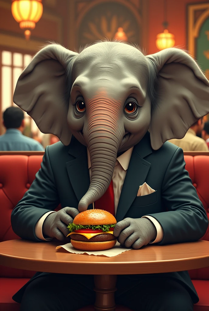 Elephant in black suit eating Hamburger in restaurant in india 