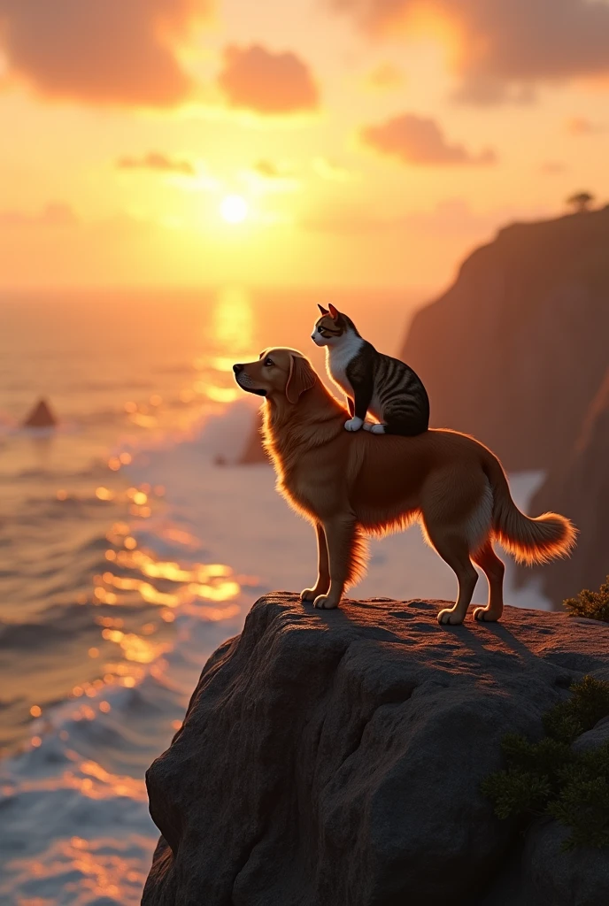 "4K ultra-realistic cinematic scene of a golden retriever dog and a tabby cat standing triumphantly on the edge of a cliff overlooking a vast, serene ocean at sunrise, the wind gently blowing through their fur, the cat perched proudly on the dog's back, rays of the rising sun illuminating their figures, waves crashing softly against the rocks below, breathtaking and epic mood, Unreal Engine 5 render, ultra-high resolution"