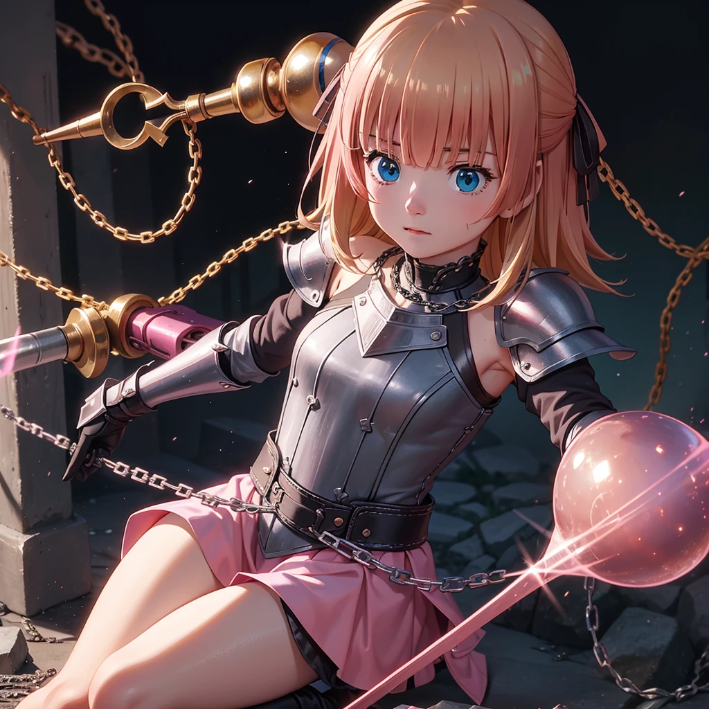 最high quality、high quality、Simple Cloth Armor、１０Year-old girl adventurer、Equipped with a weapon that has a short chain at the end of a stick and a spiked iron ball at the end of the chain、In a dark maze、Pink Armor