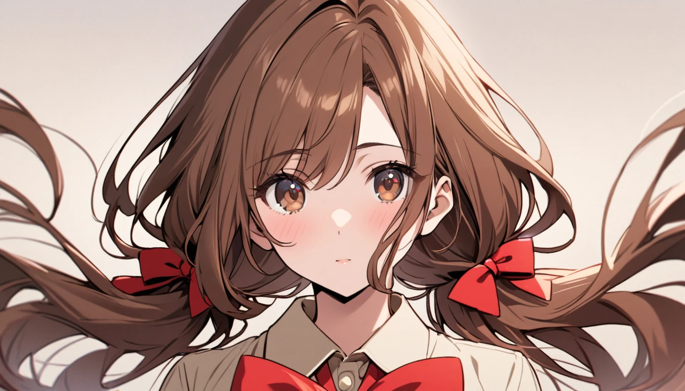 girl, mature, cute, brown eyes, brown hair, beautiful eyes, beautiful color, low twin tails, red bow, long hair, adult, front face
