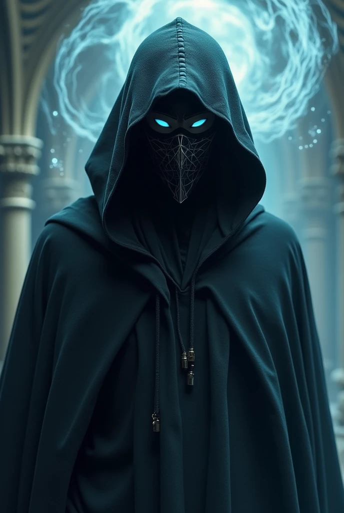 time traveler with black mask and blue eyes