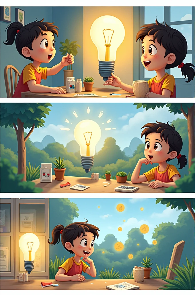 Title: “Light and Savings: La Aventura de energetic”
1. (Image: energetic en su habitación, with a light bulb on) Fokin: Hello, energetic! Could you turn me off for a while?? I'm feeling very hot!
2. (Image: energetic sorprendida mirando la bombilla) energetic: ¡Oh! I didn't know spotlights could talk! Clear, I'll turn you off for a moment.
3. (Image: energetic apagando la luz) energetic: Is this better??
4. (Image: Fokin with a smiley face) Fokin: Far better! thank you, energetic. Did you know that you can save a lot of energy by turning off the lights when you don't need them??
5. (Image: energetic y Fokin caminando por la casa) Fokin: First, Turn off the lights when you don't need them. This way you save a lot of energy!
6. (Image: energetic apagando la luz de la cocina) energetic: a list! What else can I do??
7. (Image: Fokin showing a refrigerator) Fokin: Do not leave the refrigerator door open for a long time.. Every second counts!
8. (Image: energetic cerrando la puerta del refrigerador rápidamente) energetic: Understood! Anything else?
9. (Image: Fokin pointing at a window) Fokin: Use natural light during the day. It's free and doesn't waste energy!
10. (Image: energetic abriendo las cortinas y dejando entrar la luz del sol) energetic: What a great idea!!
11. (Image: Fokin showing a solar panel on the roof) Fokin: Mira, energetic, This is a solar panel. Converts sunlight into electricity. It's a great way to save energy!
12. (Image: energetic mirando un termostato inteligente) Fokin: And here we have a smart thermostat. Automatically adjusts the temperature to save energy when we are not at home.
13. (Image: energetic hablando con sus padres) energetic: dad, mother, I learned to save energy. Let's do it together!
14. (Image: La familia de energetic apagando luces y usando luz natural) parents: What a great idea, energetic! Let's take care of our planet!
15. (Image: energetic con una capa de heroína y Fokin a su lado) energetic: Together we can make it happen!