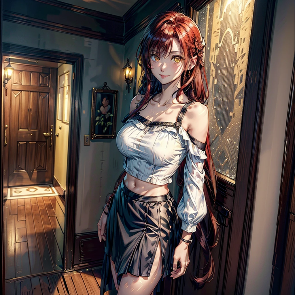 women, natural redhead, by the wide, 2 braids, Whole body, standing, short black skirt, White off-the-shoulder shirt, yellow eyes, chest a little big, Leaning on the entrance of a door, View up, flirtatious smile, mischievous smile.