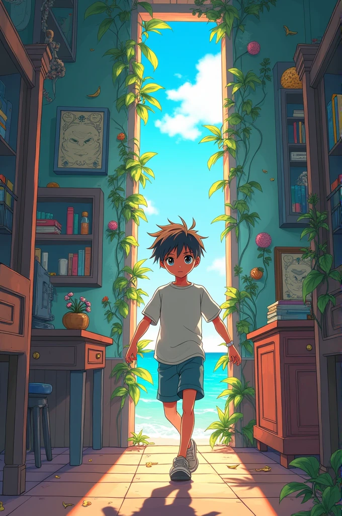 Make a boy go through a room in 4 anime style partitions 