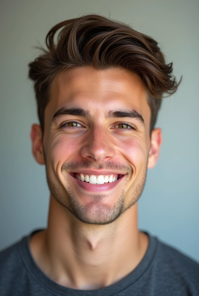 young man with brown hair smiling, stock photo
