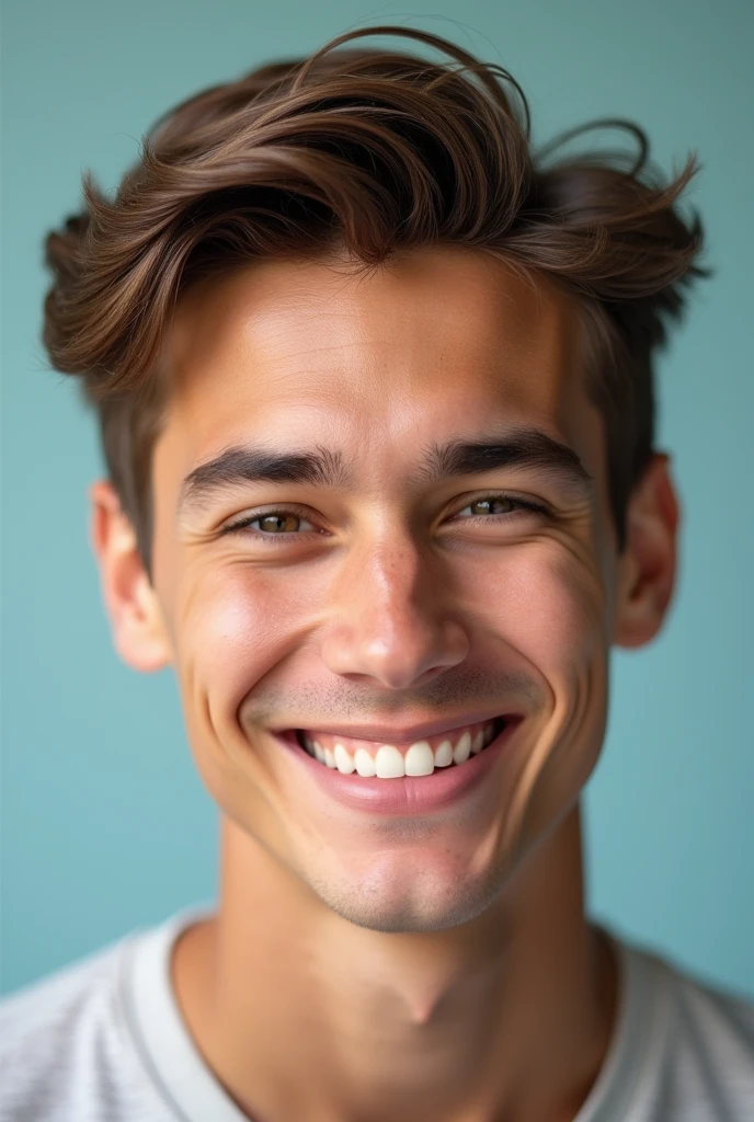young man with brown hair smiling, stock photo