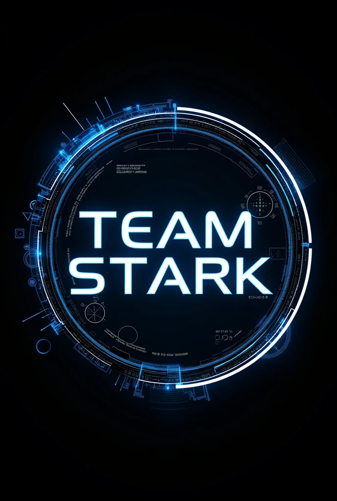 Design a logo that says "Team Stark". The design must be circular. It must be set in Ironman with decorations inspired by technology and especially mathematics. It must be black and neon blue.