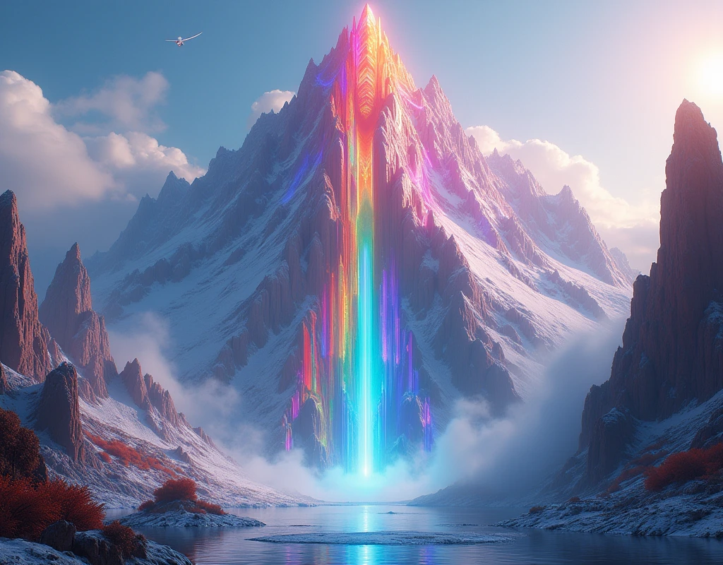 A giant mountain made of multicoloured crystals. Each facet reflects a different rainbow, and at the top, There is a cascade of liquid diamonds.