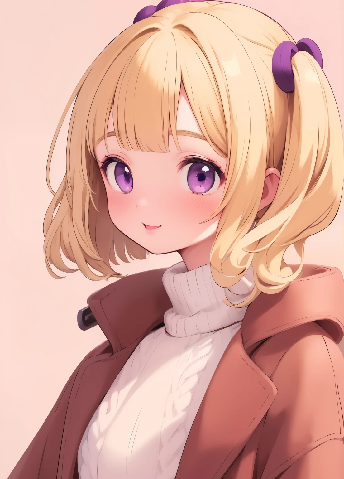 (masterpiece、Highest quality、Highest quality、Official Art、Beautiful and beautiful:1.2)、(One person:1.3)Hatsune Miku、Twin tails,Beautiful breasts, Katsushika Hokusai,masterpiece、High resolution、High resolution、High resolution、1 female、Very close、Upper body close-up、((blonde、Blunt bangs、Straight hair、Bobcut、Purple eyes))、A kind smile、Laughing with your mouth open、Pink Lip Gloss、((Wear a brown coat over a white turtleneck sweater))