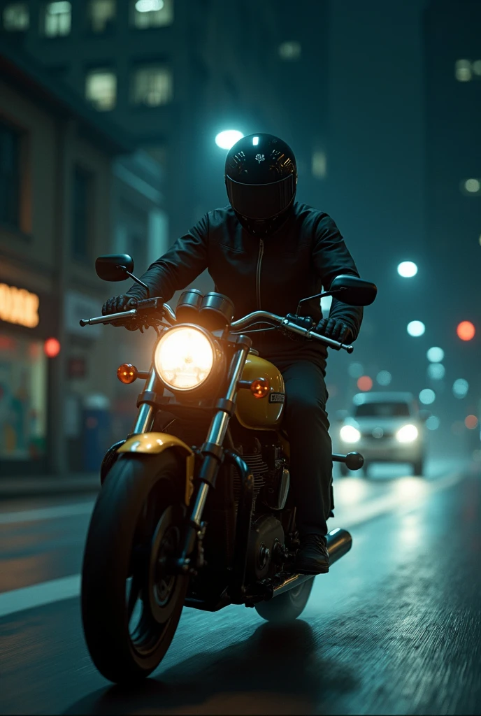 Create an image of a person on a motorcycle shooting a 60-year-old woman