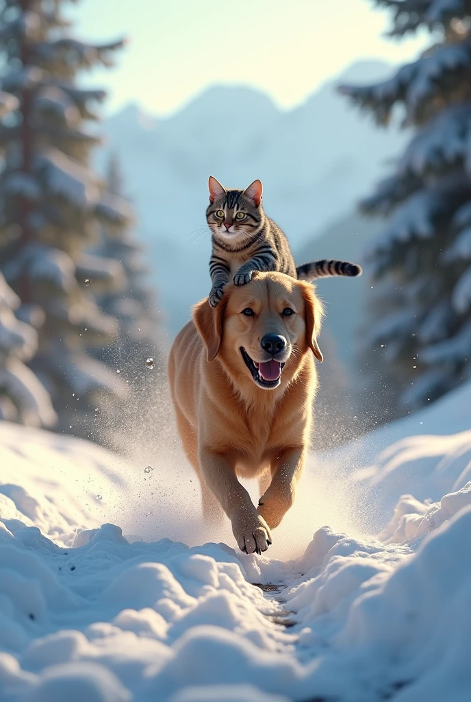 "Ultra-realistic 4K cinematic image of a golden retriever dog and a tabby cat playfully running through a snow-covered landscape in the mountains, both covered in light dustings of snow, their breath visible in the cold air, the dog leading the way with the cat balancing on its back, towering pine trees and snow-capped peaks in the background, warm sunlight breaking through the trees, highly detailed fur and snow textures, cinematic lighting, Unreal Engine 5 quality, ultra-high resolution"