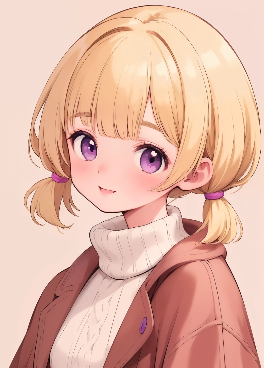 (masterpiece、Highest quality、Highest quality、Official Art、Beautiful and beautiful:1.2)、(One person:1.3)Hatsune Miku、Twin tails,Beautiful breasts, Katsushika Hokusai,masterpiece、High resolution、High resolution、High resolution、1 female、Very close、Upper body close-up、((blonde、Blunt bangs、Straight hair、Bobcut、Purple eyes))、A kind smile、Laughing with your mouth open、Pink Lip Gloss、((Wear a brown coat over a white turtleneck sweater))