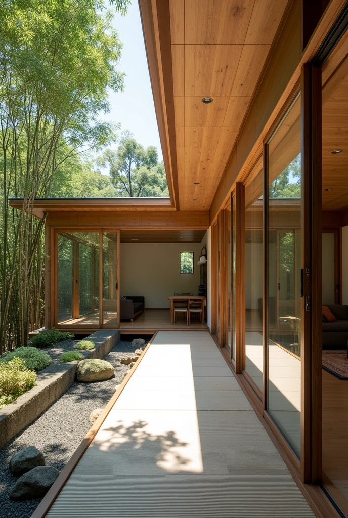 The house combines modern design with traditional Japanese elements.The spacious living room features a tatami mat area and large windows that let in natural light.The interior is simple and sophisticated, with bamboo details and accents scattered throughout.The relaxing Japanese-style room has shoji paper screens and fusuma screens, which give the room a minimalist aesthetic.The kitchen, while equipped with modern facilities, has a warm and welcoming design with extensive use of wood.The garden has a beautiful bamboo grove and a stone garden, creating a quiet and tranquil atmosphere.Modern lighting and furniture harmonize with each other, creating an overall simple and elegant space.Natural materials and traditional craftsmanship combine to create a comfortable and quiet home.